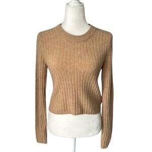 Madewell tan crew neck fine rib wool mix sweater quiet luxury minimal size M